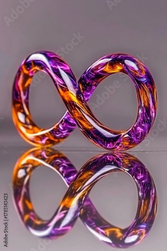 Vibrant glass infinity loop sculpture with purple and orange swirls on reflective surface
