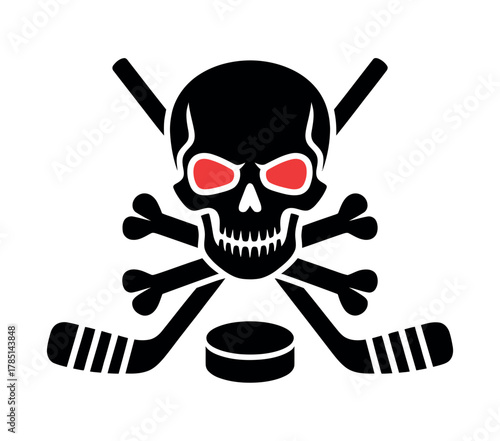 Skull and crossbones hockey symbol with a puck and crossed hockey sticks.