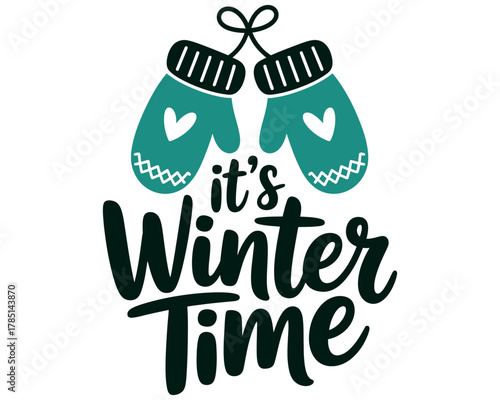 It's winter time with a pair of teal mittens hanging up and a heart design