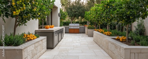 Outdoor Kitchen and Orchard Modern Design with Fruit Trees, backyard , grill