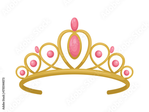 A golden tiara with pink jewels sits isolated on a white background.