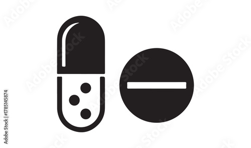 Simple black and white icons of a capsule and a pill