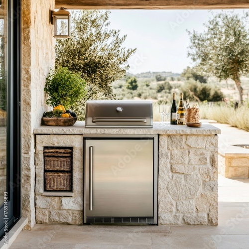 Outdoor Kitchen with Grill, Refrigerator, Stone Countertop, wine , Backyard grill,outdoor kitchen