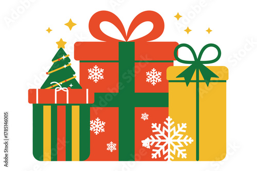 A group of brightly wrapped Christmas presents with a decorated tree and snowflakes.