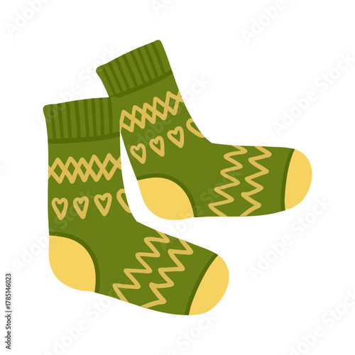 Warm cozy knitted socks in cartoon style. Flat vector illustration.