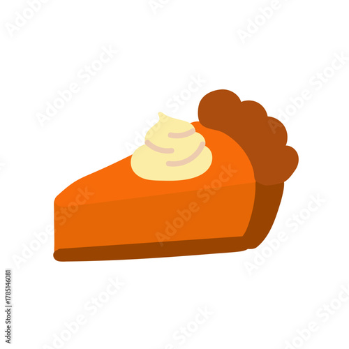 A slice of pumpkin pie topped with whipped cream. Thin shortbread dough and spicy pumpkin filling. Flat vector design element