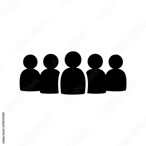 A simple icon depicting five people standing together in black and white