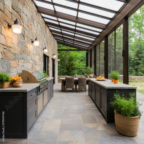 Outdoor Kitchen with Stone Wall, Grill and Skylight, outdoor design, patio ideas
