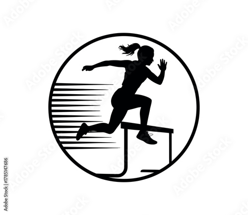 A silhouette of a woman hurdles over a barrier in a circular graphic.