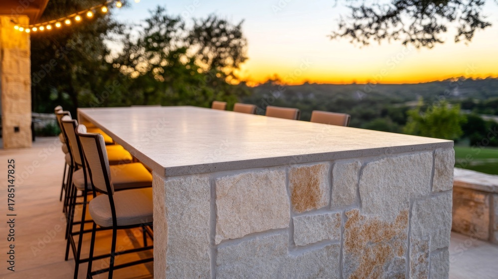 Naklejka premium Outdoor Stone Bar with Chairs at Sunset View, Outdoor bar , Patio Furniture