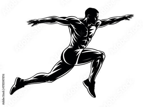 A muscular man is captured mid-stride in a dynamic running pose.