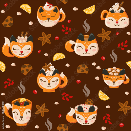 Cozy pattern with foxy mugs of coffee and tea with cookies, lemon, berries, cinnamon and marshmellows. Vector illustration.