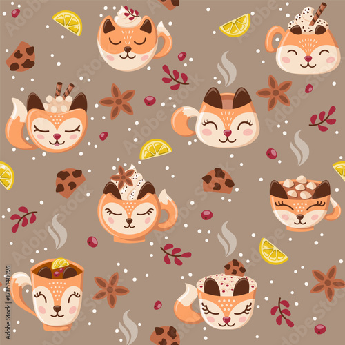 Cozy pattern with foxy mugs of coffee and tea with cookies, lemon, berries, cinnamon and marshmellows. Vector illustration.