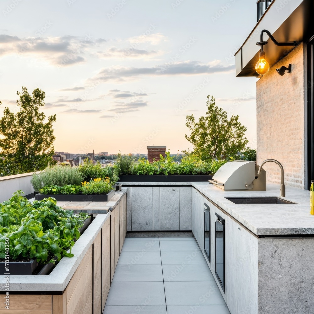 Naklejka premium Rooftop Garden Kitchen at Sunset Urban Oasis with Grill, outdoor kitchen ,garden design
