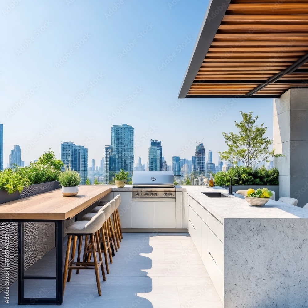 Naklejka premium Rooftop Kitchen with City View Modern Outdoor Cooking and Dining Space , OutdoorKitchen, RooftopDining