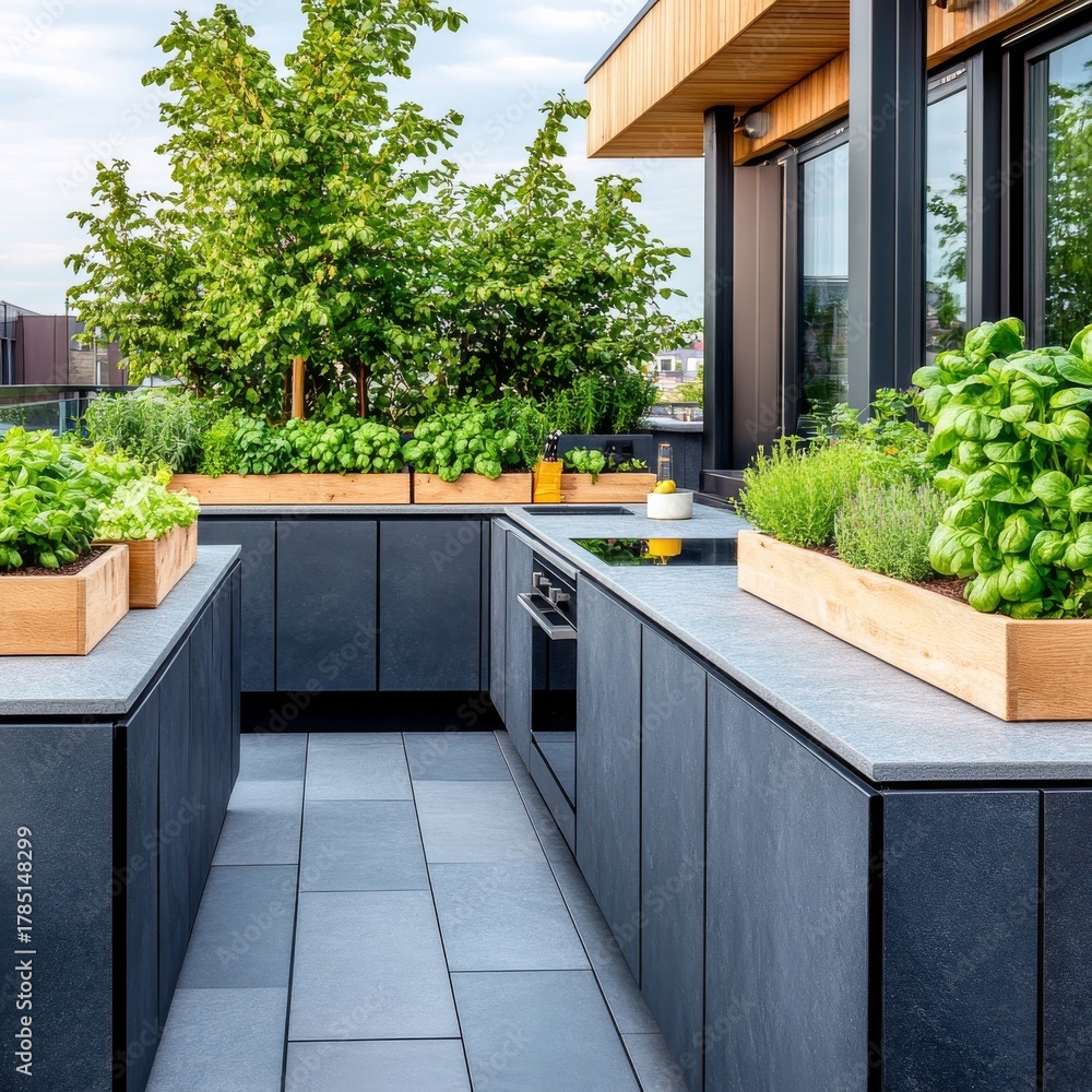 Naklejka premium Rooftop Urban Garden Kitchen Minimalist Design, Fresh Herbs and Dark Gray Cabinets, Rooftop, KitchenGarden