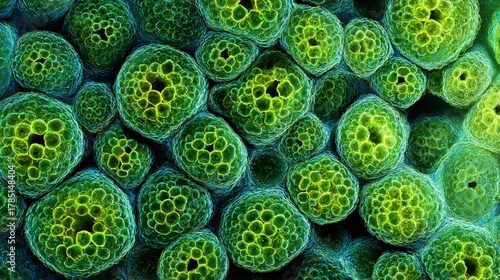 Detailed view of vibrant green cells showing unique shapes and structures. This microscopic image reveals the complexity of cellular life in a lab context, showcasing biology's wonders.