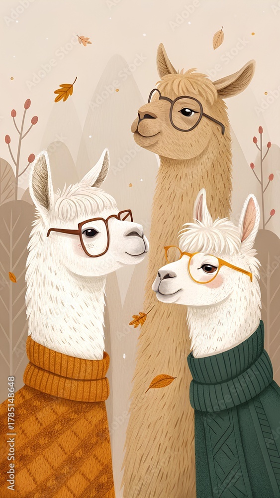 Obraz premium Charming digital artwork of stylish alpacas wearing fall sweaters and glasses, warm beige backdrop with soft natural light and earthy hues, evoking rustic comfort and friendly autumn vibes