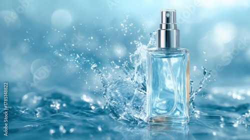 Wallpaper Mural A glass bottle of blue liquid is splashing into clear water, creating ripples and droplets. The sunny background has soft bokeh effects, enhancing the refreshing scene. Torontodigital.ca