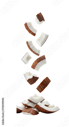 angular dehydrated coconut pieces with dark husk and luminous white flesh suspended in high-key studio light, macro details, transparent background with copy space. concept for tropical ingredient
