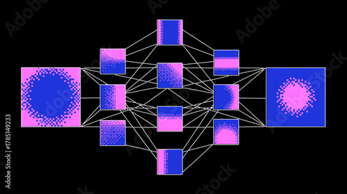 Vector illustration visualizes a neural network or digital data flow. Pixel art blue and pink gradient squares connected by white lines on a black background.