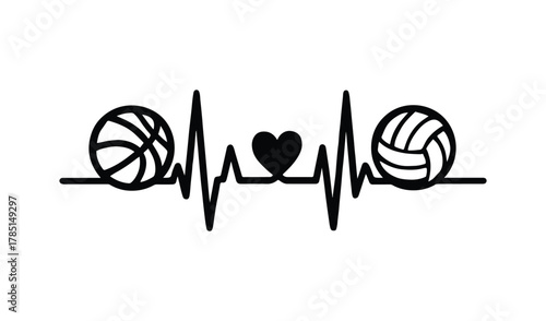 Basketball and volleyball heartbeat pulse with heart symbol