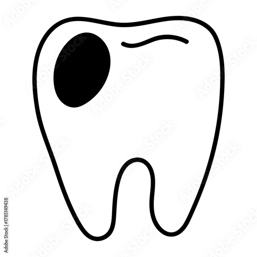 Black line doodle illustration of a tooth with a large cavity. Ideal for use in dental clinic branding, oral health infographics, educational posters, hygiene awareness campaigns and dental care