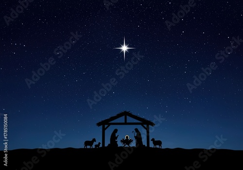Nativity Scene Silhouette with Starry Night christmas manger jesus mary joseph baby christianity religion holy birth shepherds