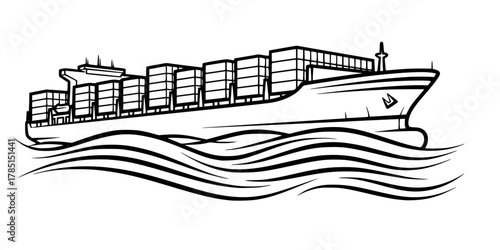 Cargo Ship Container Clean Wave Minimalist Line Art Vector