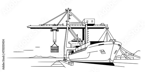 Gantry Crane Port Terminal Loading Minimalist Line Art Vector
