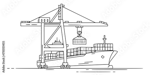 Gantry Crane Port Terminal Loading Minimalist Line Art Vector