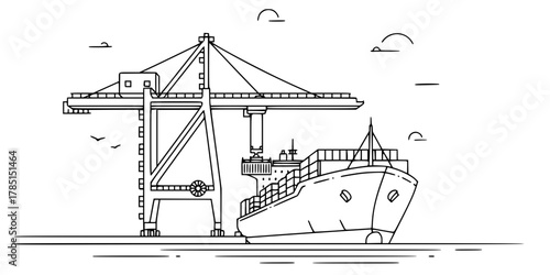 Gantry Crane Port Terminal Loading Minimalist Line Art Vector