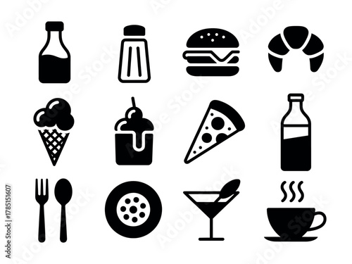 A collection of simple food and drink icons including a burger, pizza, and croissant.