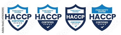 HACCP Hazard Analysis Critical Control Points, Food Safety system, logo, badge, icon, sticker, label, emblem, stamp, symbol, green, golden, flat vector, isolated illustration. HACCP Certified.