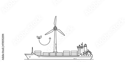 Decarbonization Ship Wind Turbine Minimalist Line Art Vector