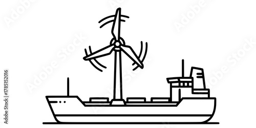 Decarbonization Ship Wind Turbine Minimalist Line Art Vector
