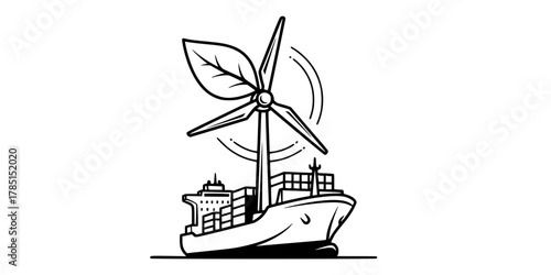 Decarbonization Ship Wind Turbine Minimalist Line Art Vector