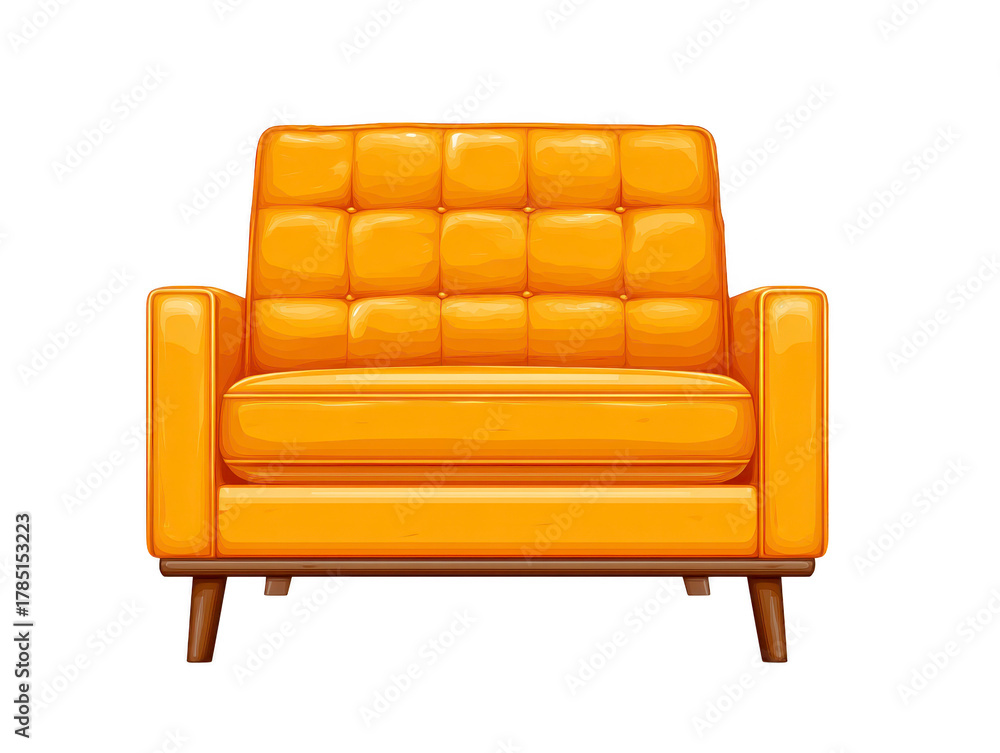 Obraz premium Yellow armchair with tufted backrest, wooden legs, and modern design, perfect for living room or lounge, offering comfort and style in cozy, inviting atmosphere