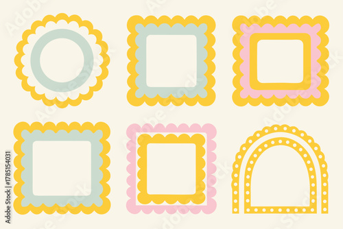 Pastel picture frame collection in scalloped and arch shapes
