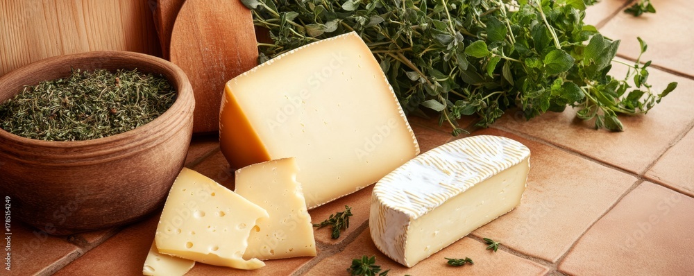 Fototapeta premium Cheese Still Life Variety of Cheeses, Herbs, Wooden Bowl, Food , Dairy