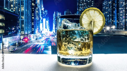 A glass of whiskey with ice and lemon against the backdrop of a city at night. The contrast between the coziness and dynamism of the metropolis is perfect for urban and nightlife themes.
