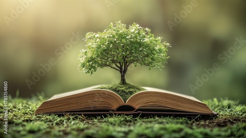 Growth from Knowledge A Tree Sprouting from the Pages of an Open Book on Mossy Ground