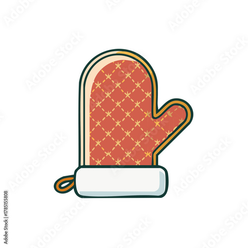 Warm kitchen oven mitt with decorative pattern and cuff for baking cooking flat illustration
