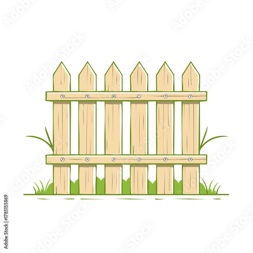 Cartoon wooden fence with grass. Country style picket fence illustration.  Outline drawing of garden fence. Vector garden border.