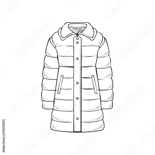 Long Puffer Jacket Outline Illustration: Winter Clothing, Fashion Apparel, Warm Outerwear