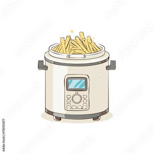 Cartoon illustration of a modern electric pressure cooker filled with french fries.