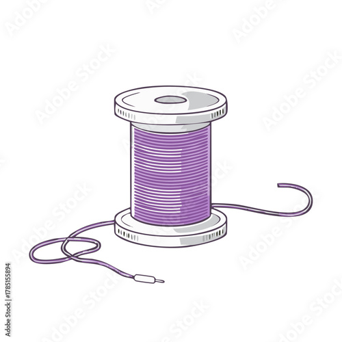 Illustration of a spool of purple thread with a loose end, sewing and needlework supply for clothing creation
