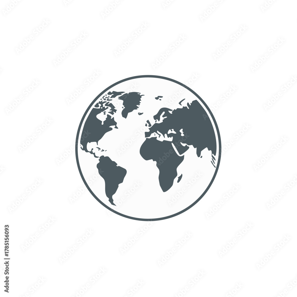 Fototapeta premium Simple stylized illustration of a dark grey globe showing continents and oceans inside a dark grey circle on a white background