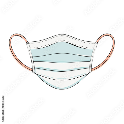 Medical face mask with blue stripes and pink ear loops hand drawn style