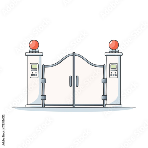 Modern white double gate with illuminated bollards and keypads for security and access